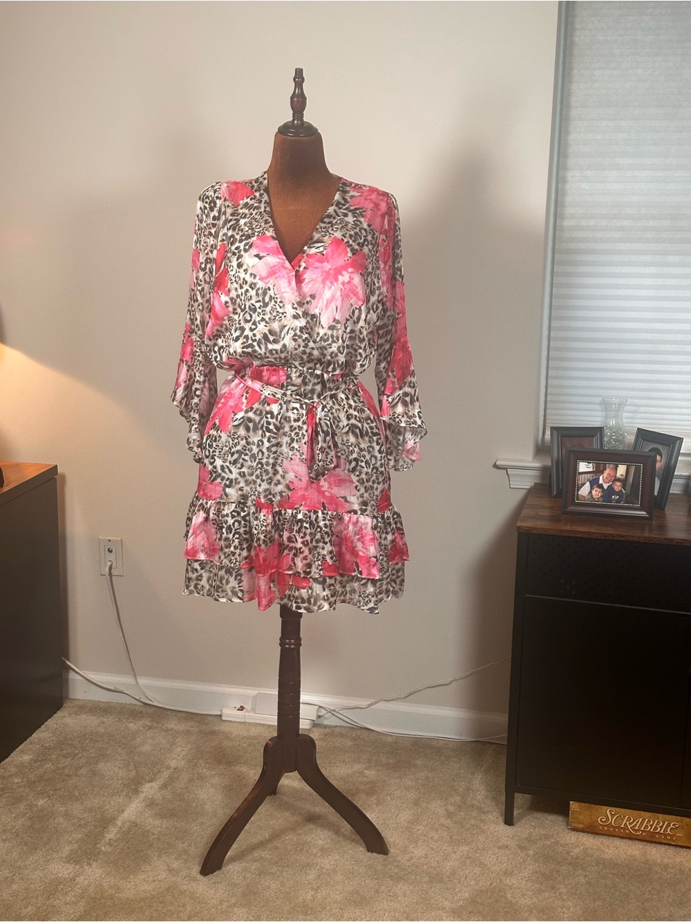 Boston Proper Pink Floral & Leopard Print Belted Dress